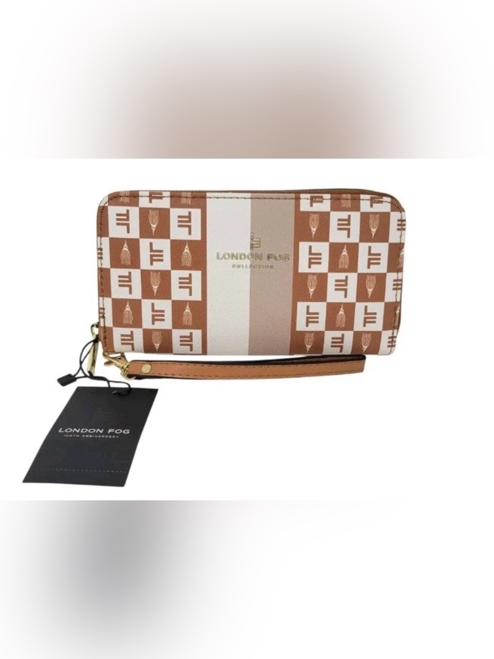 London Fog Adalia Zip Around Wallet Camel Checker print Wristlet Clutch NWT